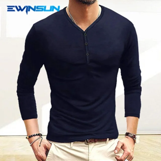 

Popular men's autumn and winter henley shirt bottoming cotton skin-friendly slim-fit Casual men's long-sleeved T-shirt