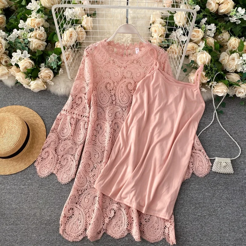 

Fashion women autumn hollow lace flared sleeve loose dress