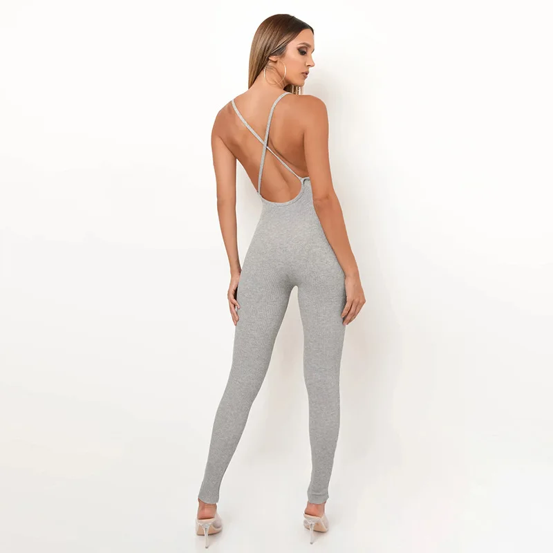 

Ribbed Knit Women V Neck Strap Yoga Jumpsuits