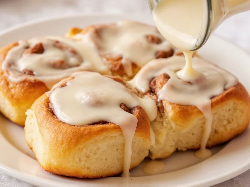 Smooth vanilla icing drizzling over warm cinnamon rolls