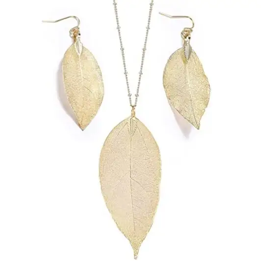 

Gold Silver Long Leaf Pendant Necklace Earring Jewelry Set for Women