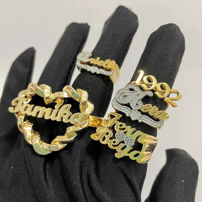 

2021 Custom Double Name Rings Personalized Adjustable Gold Color Women Ring Custom Wedding Couple Rings for Girl Jewelry Gift