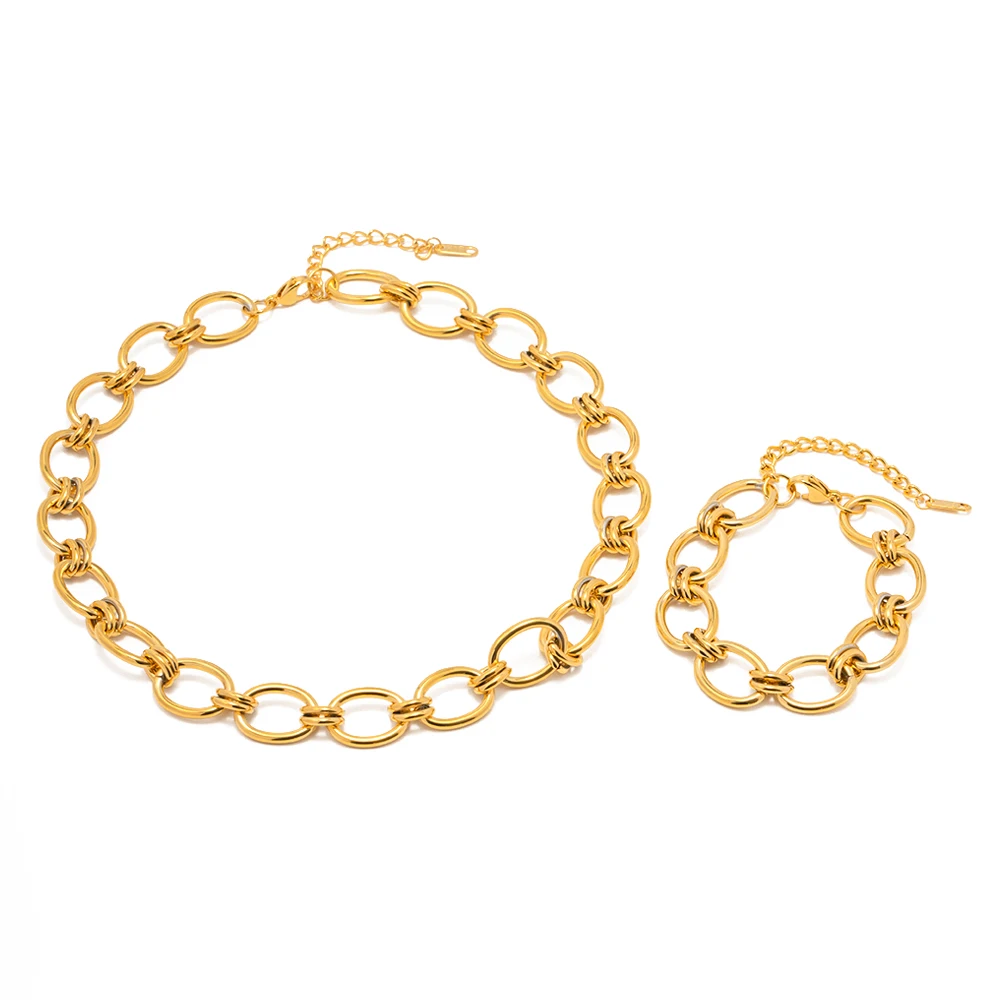 

Minimalist Stainless Steel 18K Gold Plated Bracelet Jewelry Gift Thick Link Chain Handmade Choker Necklace Set