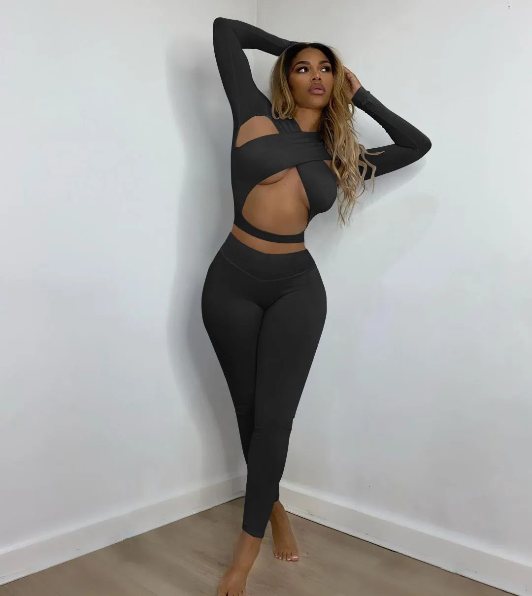 

TOB Long sleeve lounge wear Hollow sexy top Solid color skinny trouser suits ladies BK734, Customized color