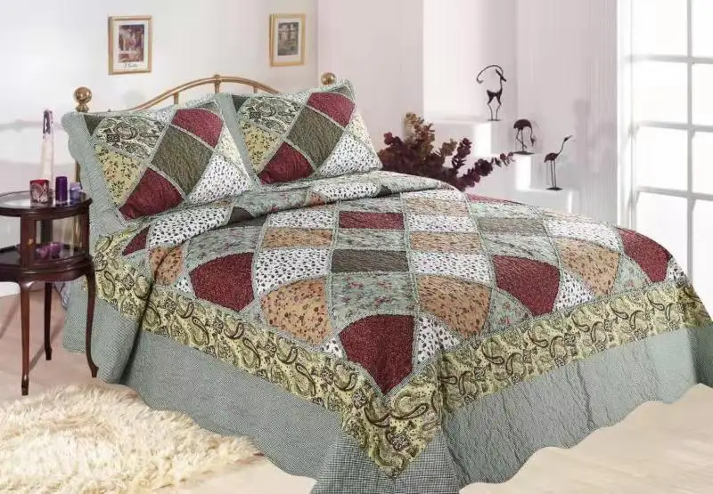 
King 3pcs Bedspread Water Wash Patchwork 100% Patchwork Printed Quilt 