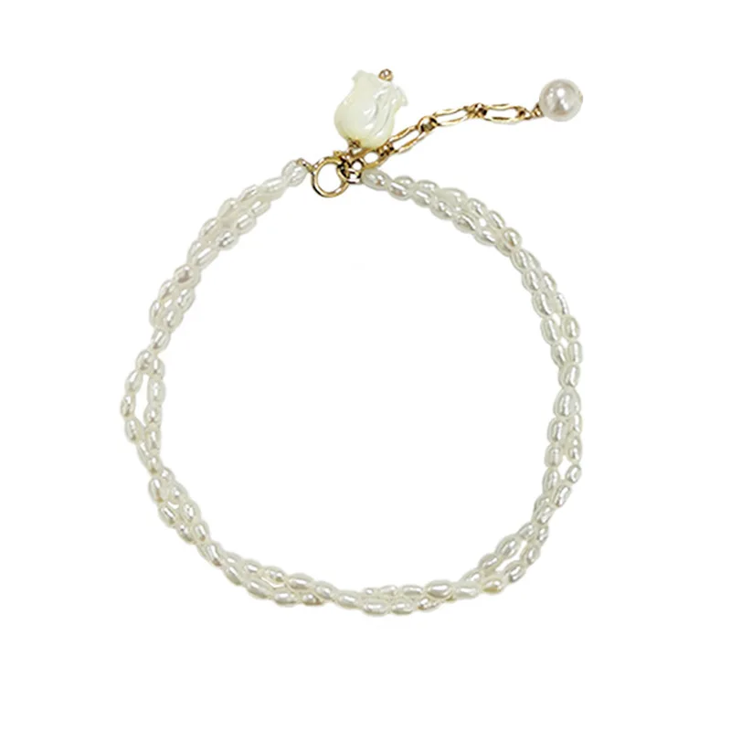 

Dainty Handmade Jewelry Barak Rice Pearl Bracelets Natural Shell Flower Pendant Bracelets