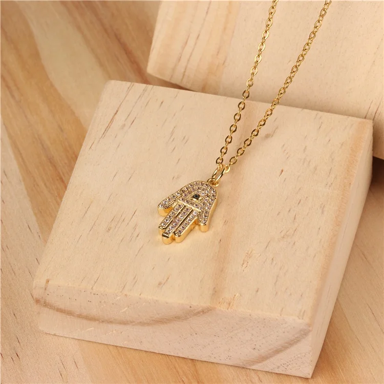 

Top quality fashion jewelry real gold plated fatima palm hand evil eye inlay shiny zircon pendant necklace for women, Gold/silver