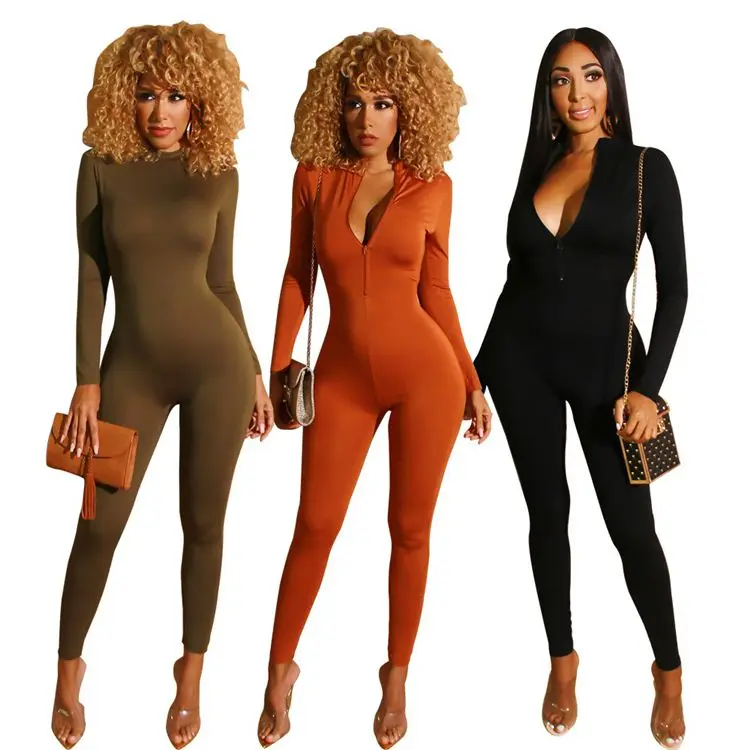 

2021 Solid Color Both Wear Long Sleeve Women Pencil Bodycon Sexy Jumpsuit And Rompers