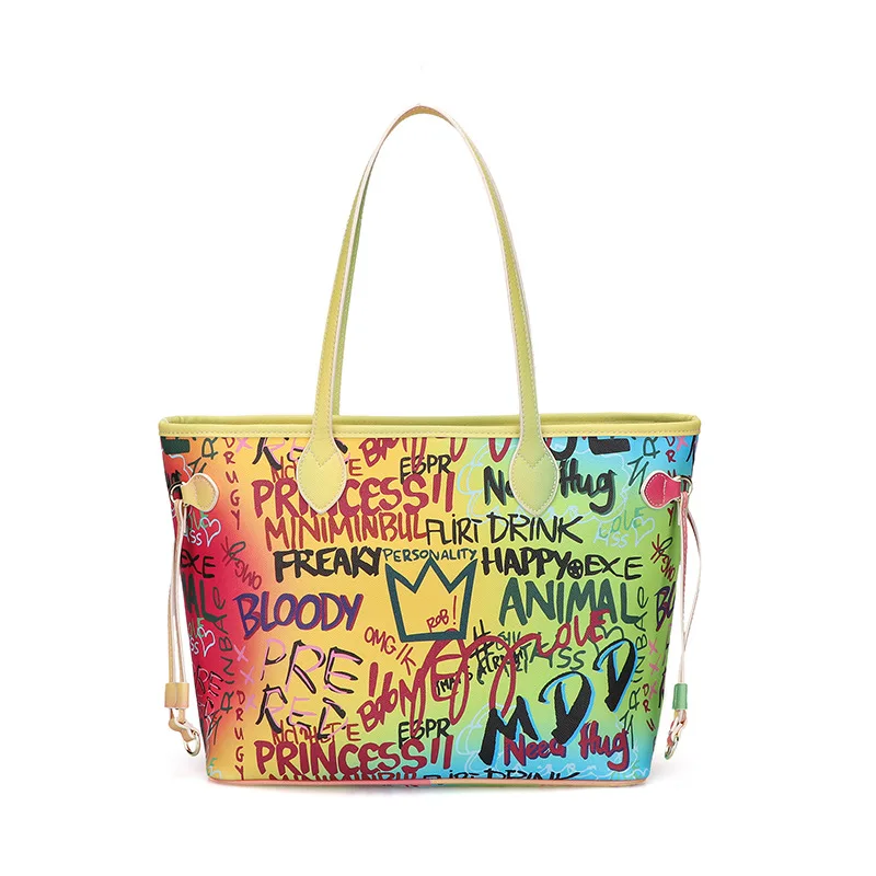 

New designers large capacity lady rainbow hand bag tote ladies graffiti purses bags women handbags with top handle