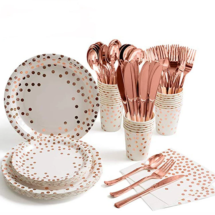 

Rose gold with gold pot 8-Piece Party Disposable Dinnerware Hotel Paper Plate Paper Cup Napkin Straw Set in Tableware, White