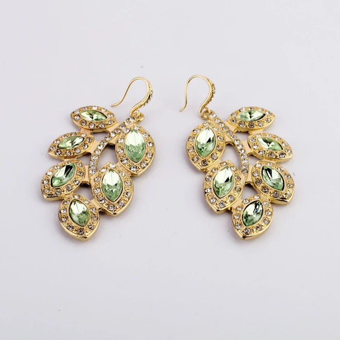 

ed00308 Vintage Luxury Green Crystal Leaf With Diamond Fashion Jewelry 2021 Ear Hook Earrings
