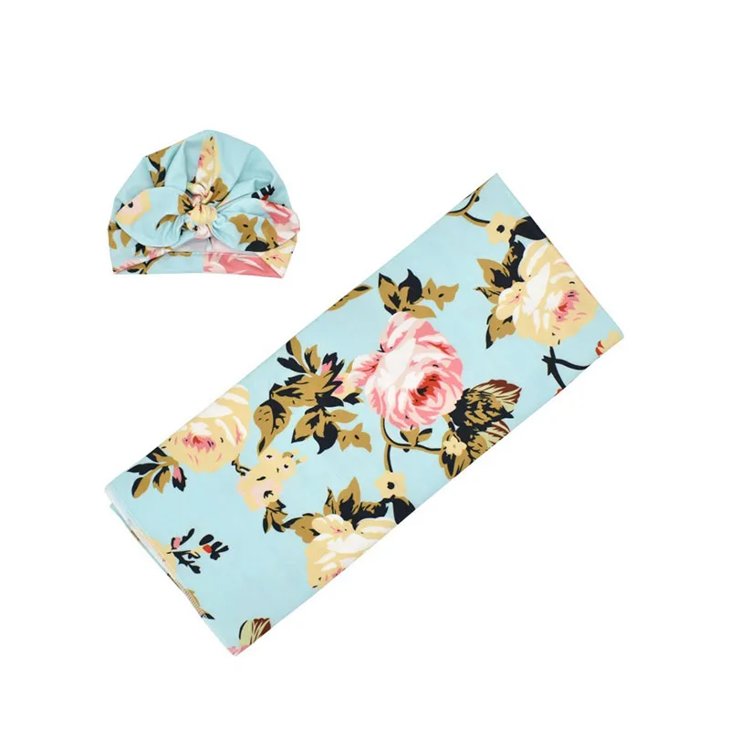 

RTS floral print infant sleeping bag newborn baby swaddle blanket with turban hat, As picture show