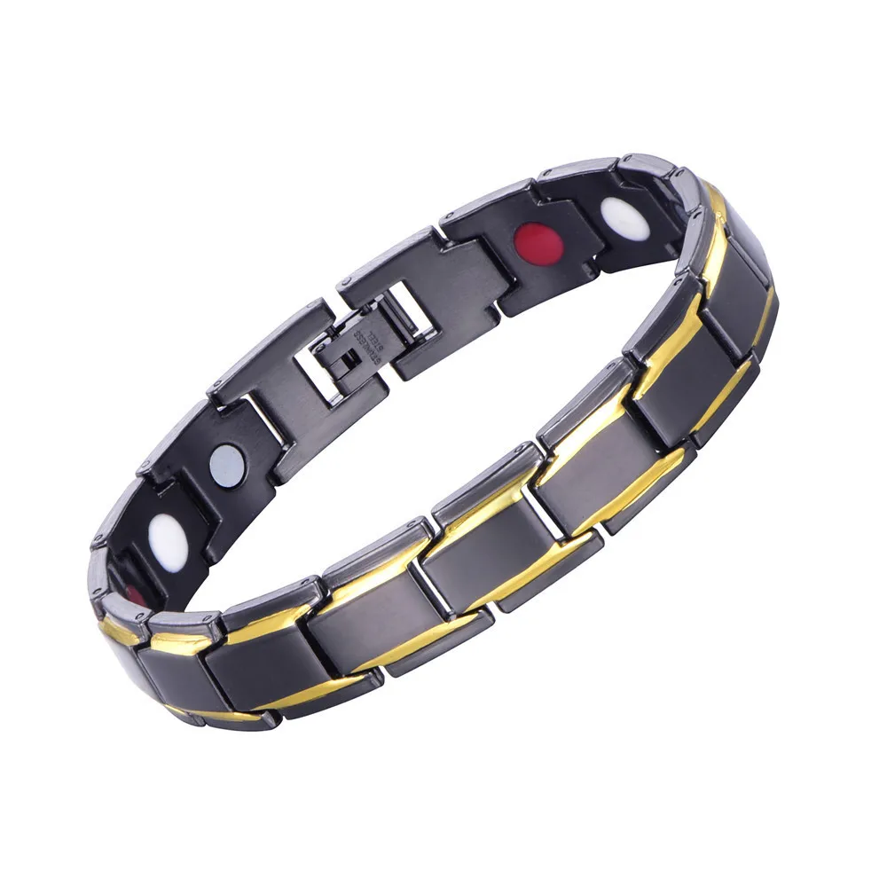 

Fashion 18K Gold Plated Stainless Steel Watchband Punk Magnetic Stone Health Germanium Bracelet Pain Relief Bio Bracelets, Gold color