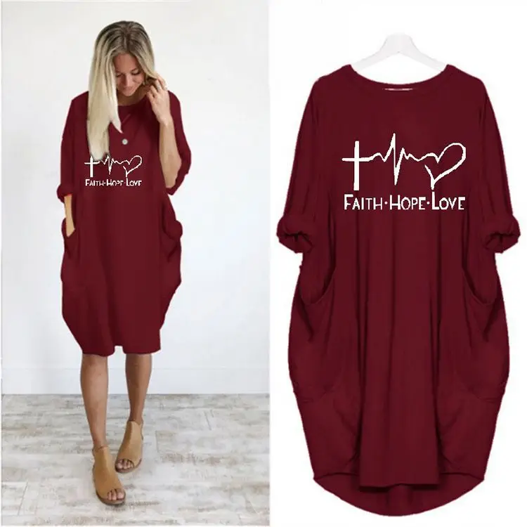 

PEARL 2021 Loose Letter Printed Pockets Woman Casual Dress Women Plus Size Clothing Summer Dresses