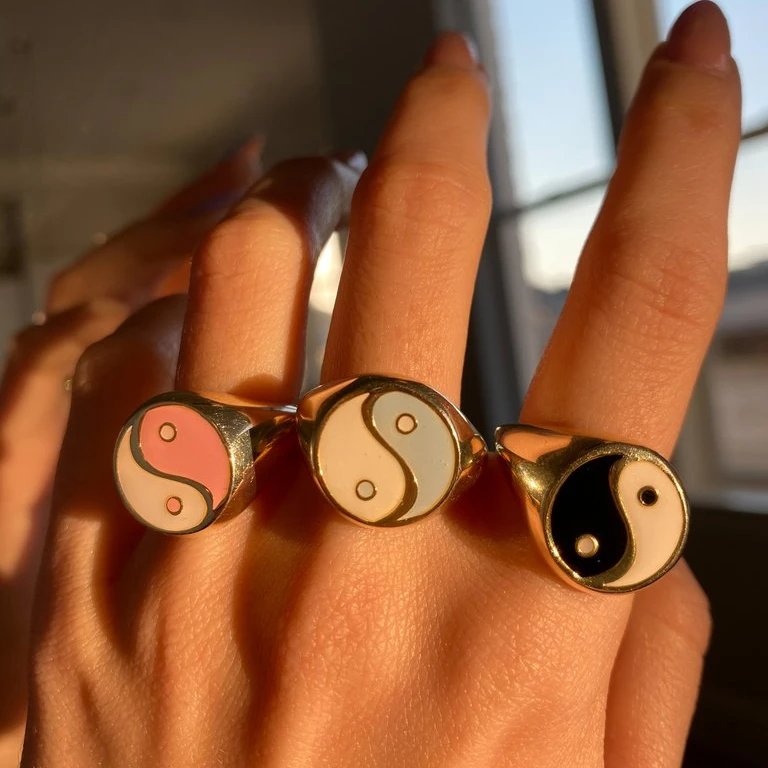 

Chinese Tai ji jewelry enamel yin yang signet gold plated adjust ring for women men, Customized