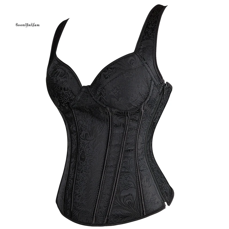 Satin Jacquard Plastic Bone Heavy Duty Overbust Padded Cup Shoulder Strap Women Punk Style Lace up Waist Trainer Corset Bustier