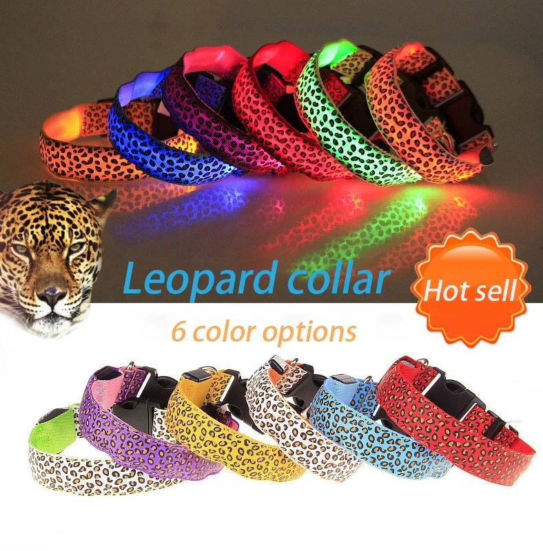 

Dog Nylon Pet Collar Night Safety Flashing Glow In The Dark Rechargeable LED Leopard Print Dogs Collars, Picture shows