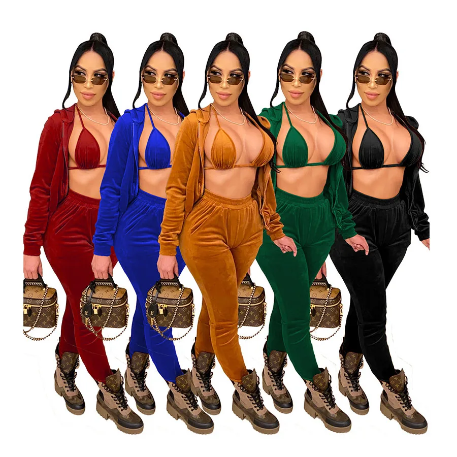 

Wholesale new fashion plus size women clothing velvet 3 piece hoodie jacket legging sets sexy club outfits, As the picture