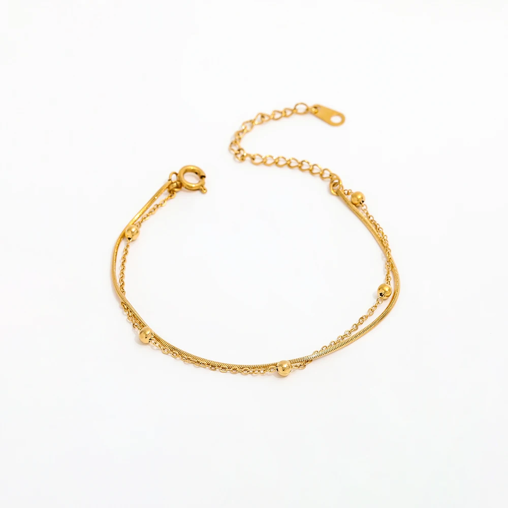 High End Gold Plated Stainless Steel Double-layer Snake Chain Beads Satellite Bracelet for Women Wholesale Jewelry