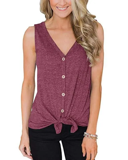 

Women Casual Summer Top Sleeveless T-shirt Ladies Solid Color Classic V-neck Loose Button Cardigan T-shirt, As shown