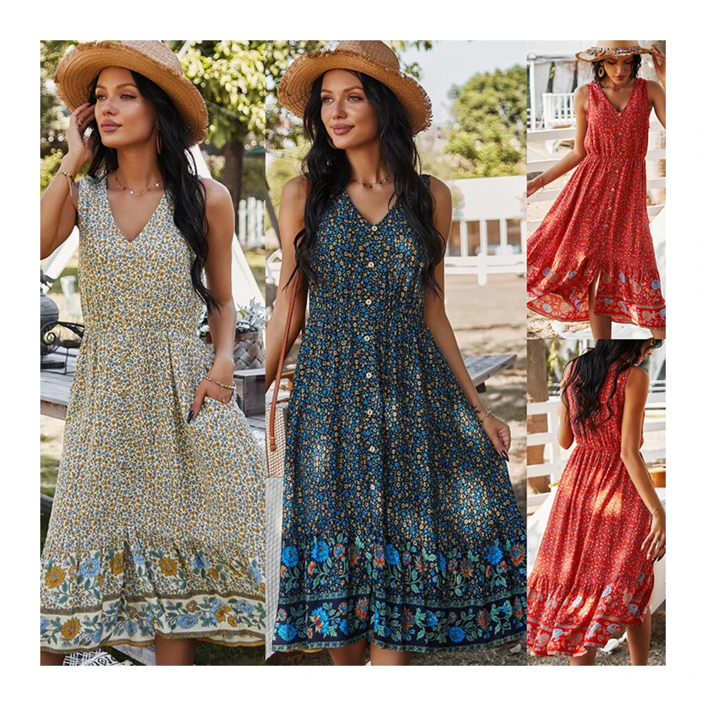 

v neck boho white rayon midi dress bohemian floral printing rayon cotton daily wear midi dresses with button, Any color