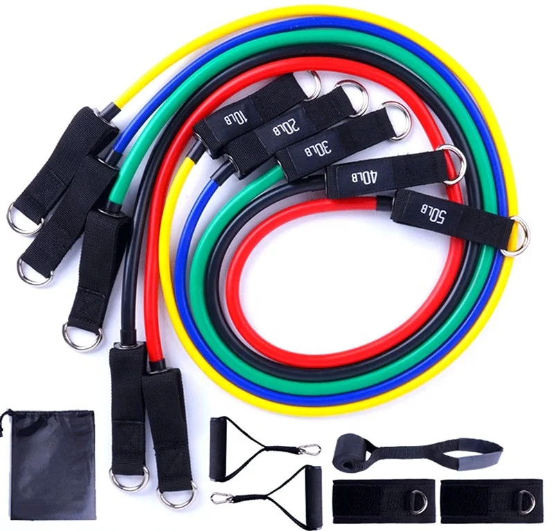 

11 Pcs Set RTS Home Training Gym Fitness Custom Logo 11pc TPE Foam Handle Arm Ankle Straps Power Exercise Tube Resistance Bands, Standard or custom color