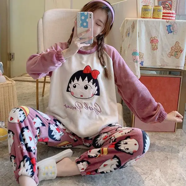 

2021 Wholesale Winter Sleepwear Home Clothes Fluwelen Pyjama Warm Pajama Women Sleep Plush Lounge Wear Set Cartoon Night Suits