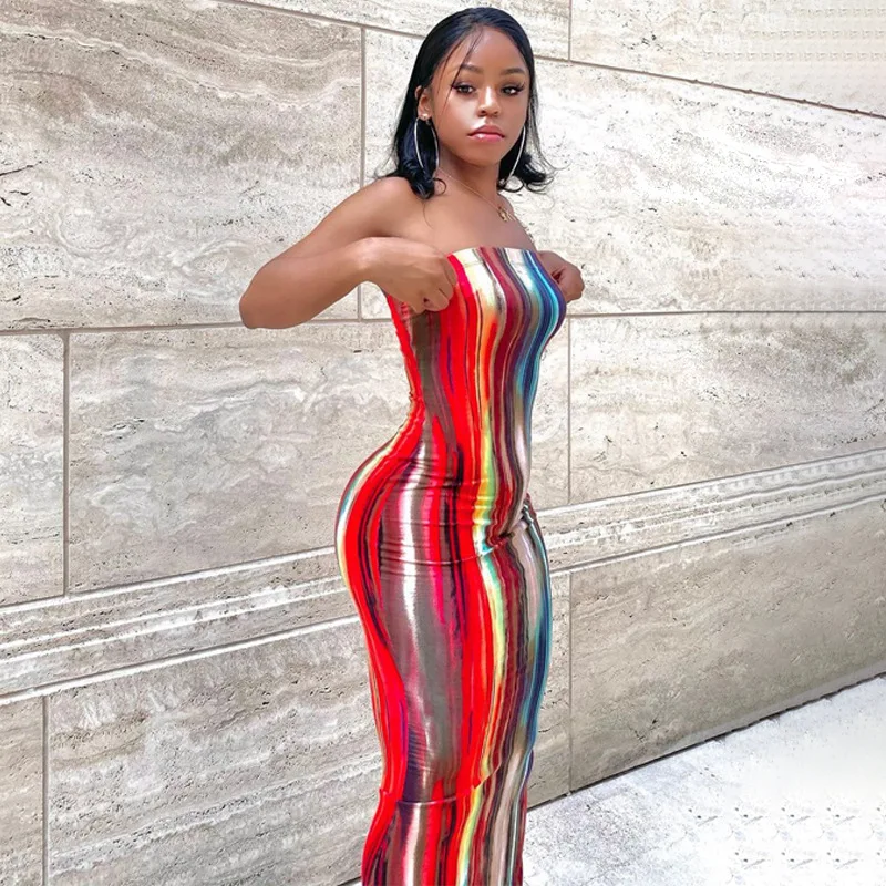 

Women 2021 Summer Low Cut Boob Tube Sleeveless Stripe Tee Sexy Dress, Customized color