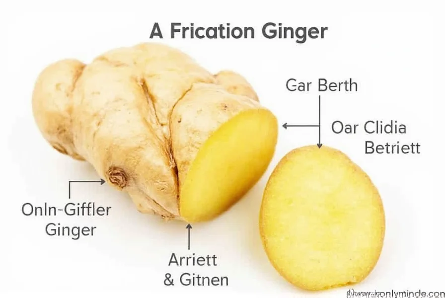 Close-up photograph of fresh ginger root showing knobby beige rhizome with smooth skin and segmented nodes on wooden cutting board