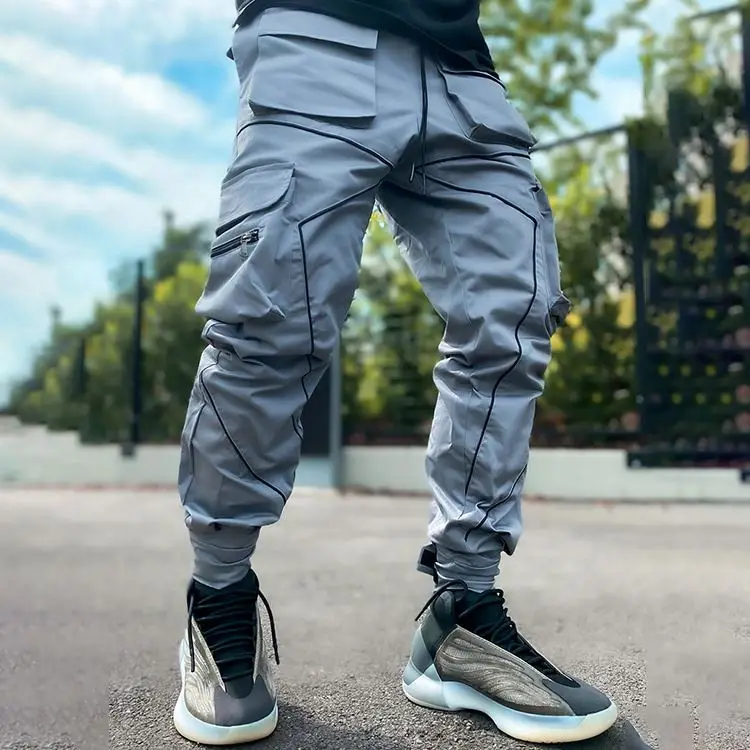 

2021 Fall Fashion Pockets Reflective Line Design Men Cargo Jogger Pants Man Trousers Casual -PT, Black,white,gray,white/black,army green,khaki