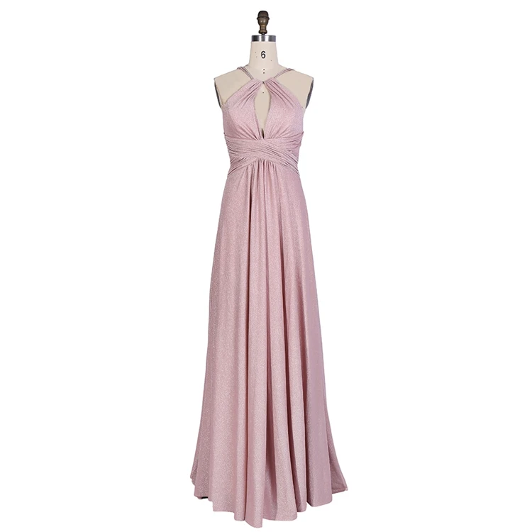 

Wholesale cheap prices floor length halter shiny fabric pleat bridesmaid dress