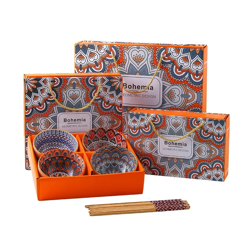 

Bohemia Kitchen Rice Soup Ceramic 6pcs Bowls With Chopsticks Set Gift Box, Orange