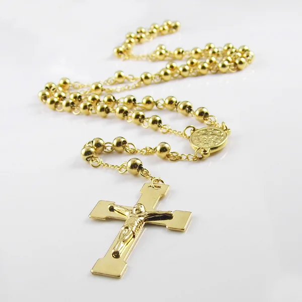 

Hot Sell 18K Gold Stainless Steel Virgin Mary And Jesus Cross Pendant Rosary Necklace Religious Jewelry For Women