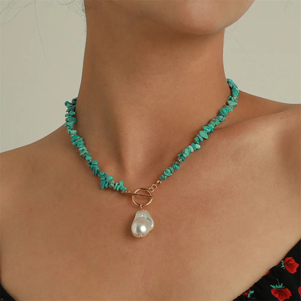 

PJ-C530 Natural Baroque Style Pearl Necklace Turquoise Pearl Cross Necklace Pendant Charm Stone Beads Necklace Jewelry