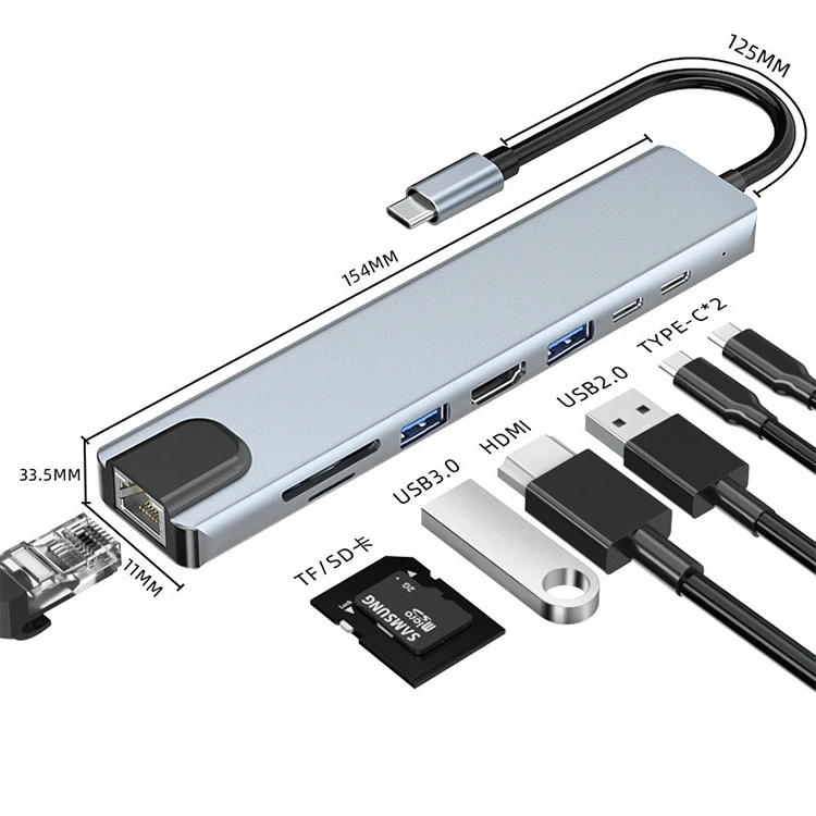 

8 in 1 USB C adapter all in one gigabit ethernet rj45 lan 4k 8k hdtv pd vga otg combo data transfer type c 31 usb 30 hub 7, Sliver/grey