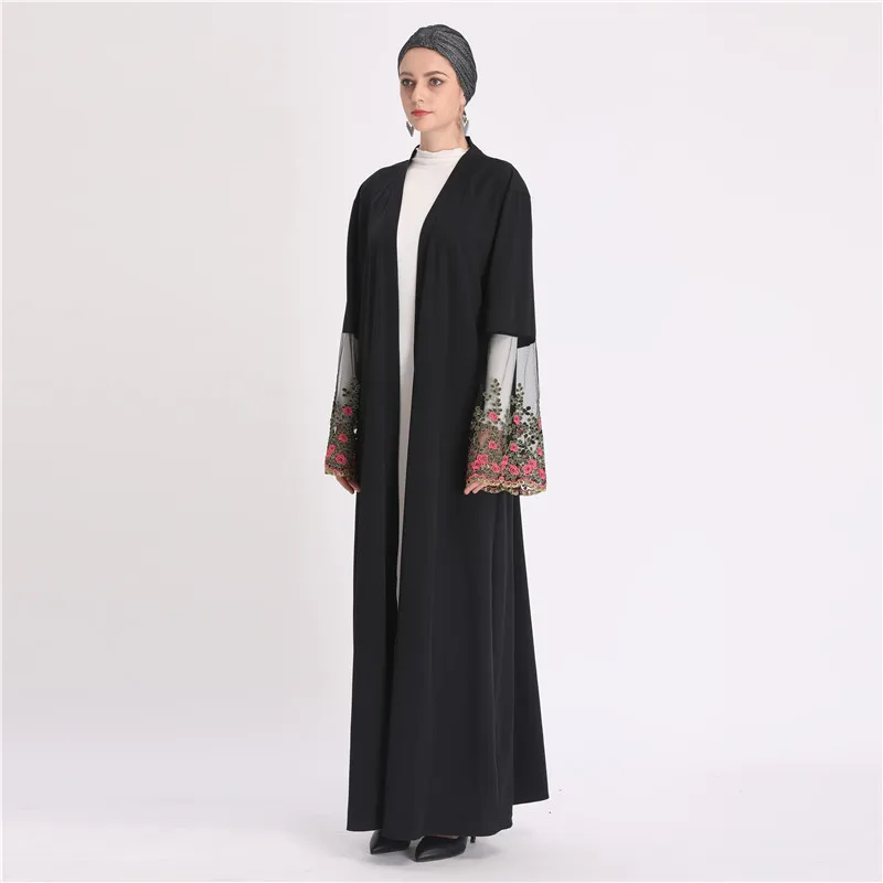 

2020 Latest flora embroidery sleeve kimono Islamic women lace flora embroidery open abaya Kaftan Muslim Women Open Abaya, Black