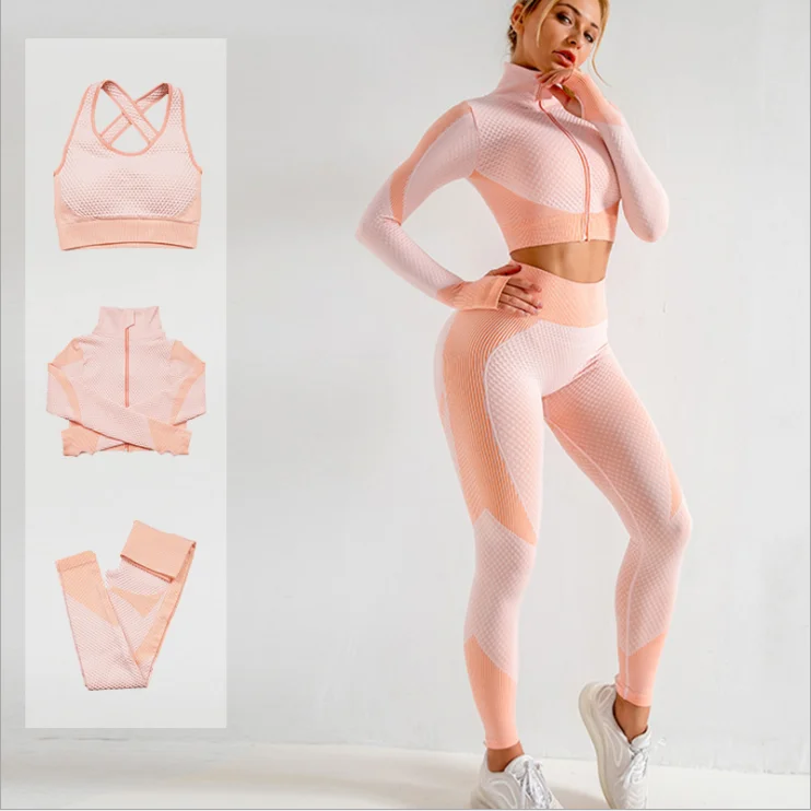 

2021 new American ins contrast color yoga sets autumn and winter Fitness jacket with high quality 3 piece yoga set, Customized colors