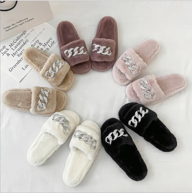 

Women Slides Furry Bedroom Winter Slipper Fashion Women's Metal chain Fur Slippers, 7 colors