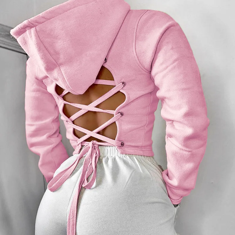 

2021 new fashion solid long sleeve oversized hoodie casual streetwear back lace up crop top hoodie cropped hoodie woman, Picture