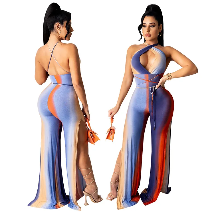 

F30519A Ready to ship colorful printing wide leg slim with halter neck jumpsuit for women, As picture