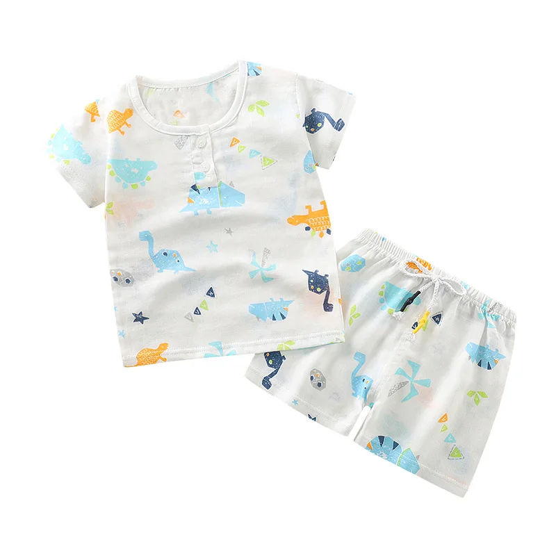 

summer Cheap printed kids clothes set,breathable, pure cotton cartoon boy's gauze set