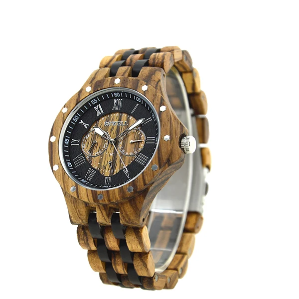 

Wooden Quartz Watch BEWELL W116C Men Wood Wristwatch with 3 Sub-dial Multifunction Original Grain Wrist Wear for Gents