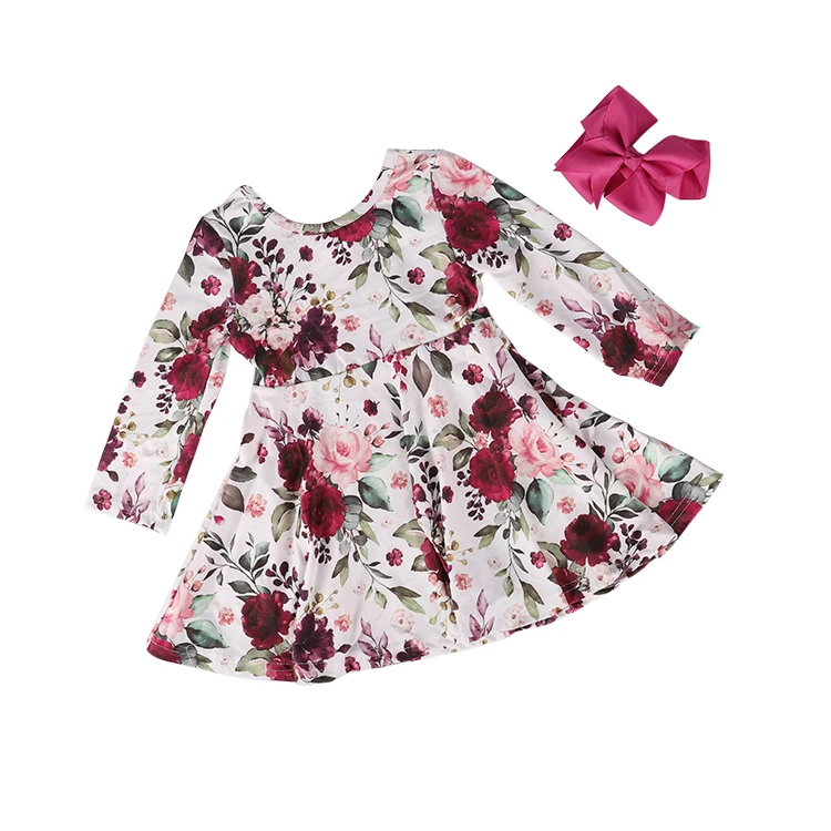 

Fall Winter Girls Long Sleeve Floral Dress, Plum