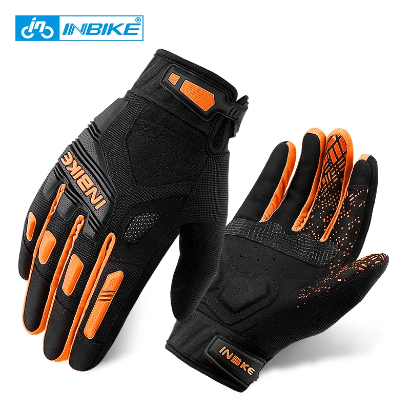 

INBIKE New Design Thickened TPR Palm Pad Men's Woman Shockproof Full Finger Mountain Bike Gloves, Red, orange, blue, green, gray, black