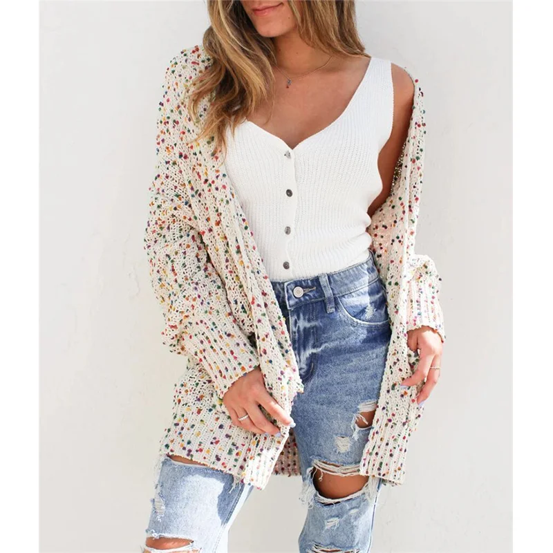 

Women Casual Loose Open Front Sweaters Colorful Dot Knitted Confetti Cardigan With Pockets