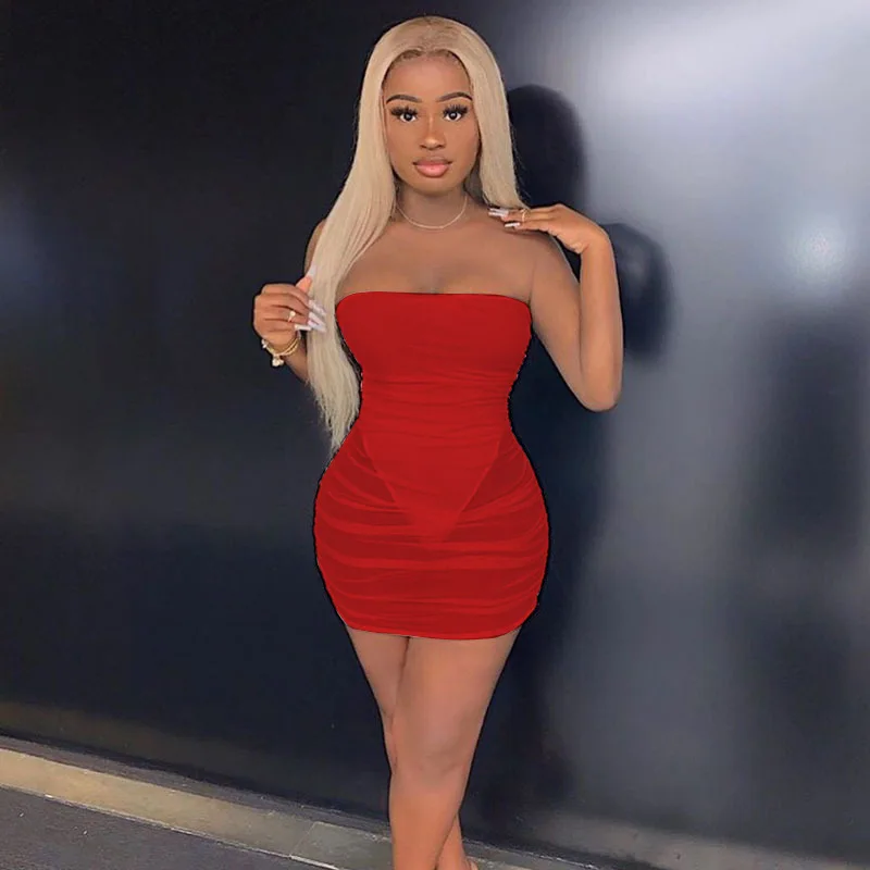 

H6669 - women sexy bandage sleeveless mesh tube mini dress
