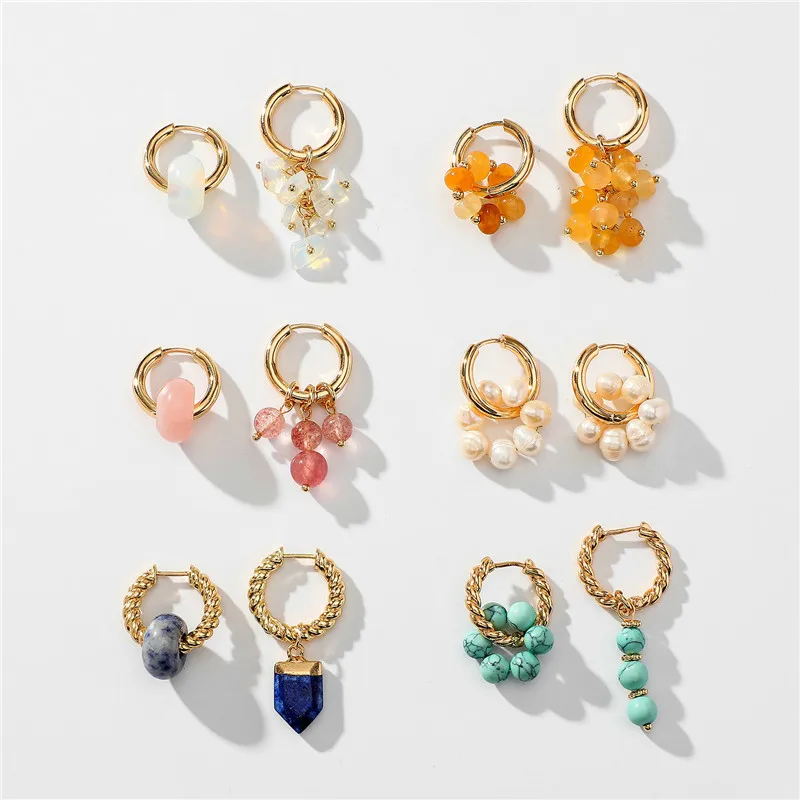 

New Trend Designs Lapis Jade Opal Freshwater Pearl Round Huggie Earrings Handmade Semi-precious Stone Beads Hoop Earrings, Picture shows