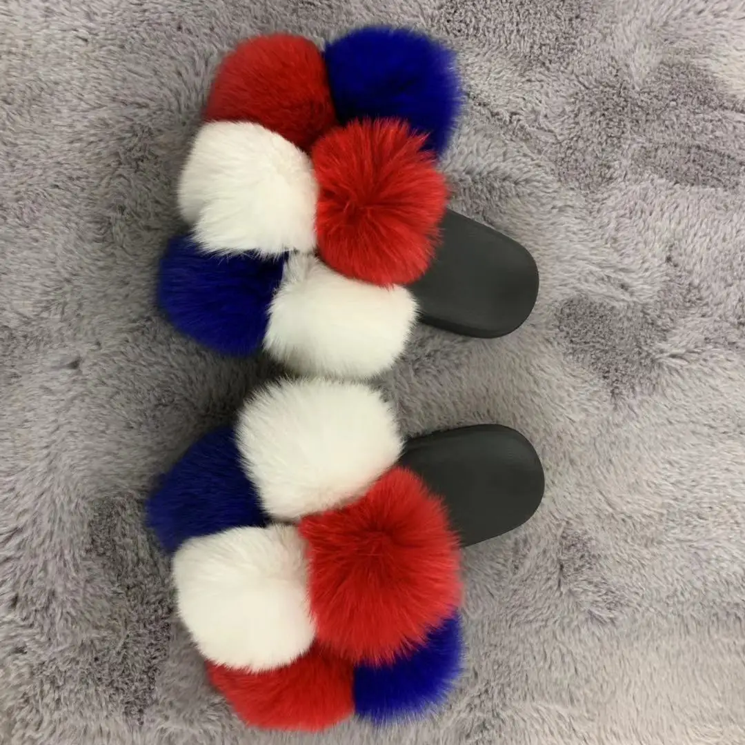 

fur sliders slippers customized colorful cute pom pom balls fox fur slides fluffy multi-color fluffy fur slippers