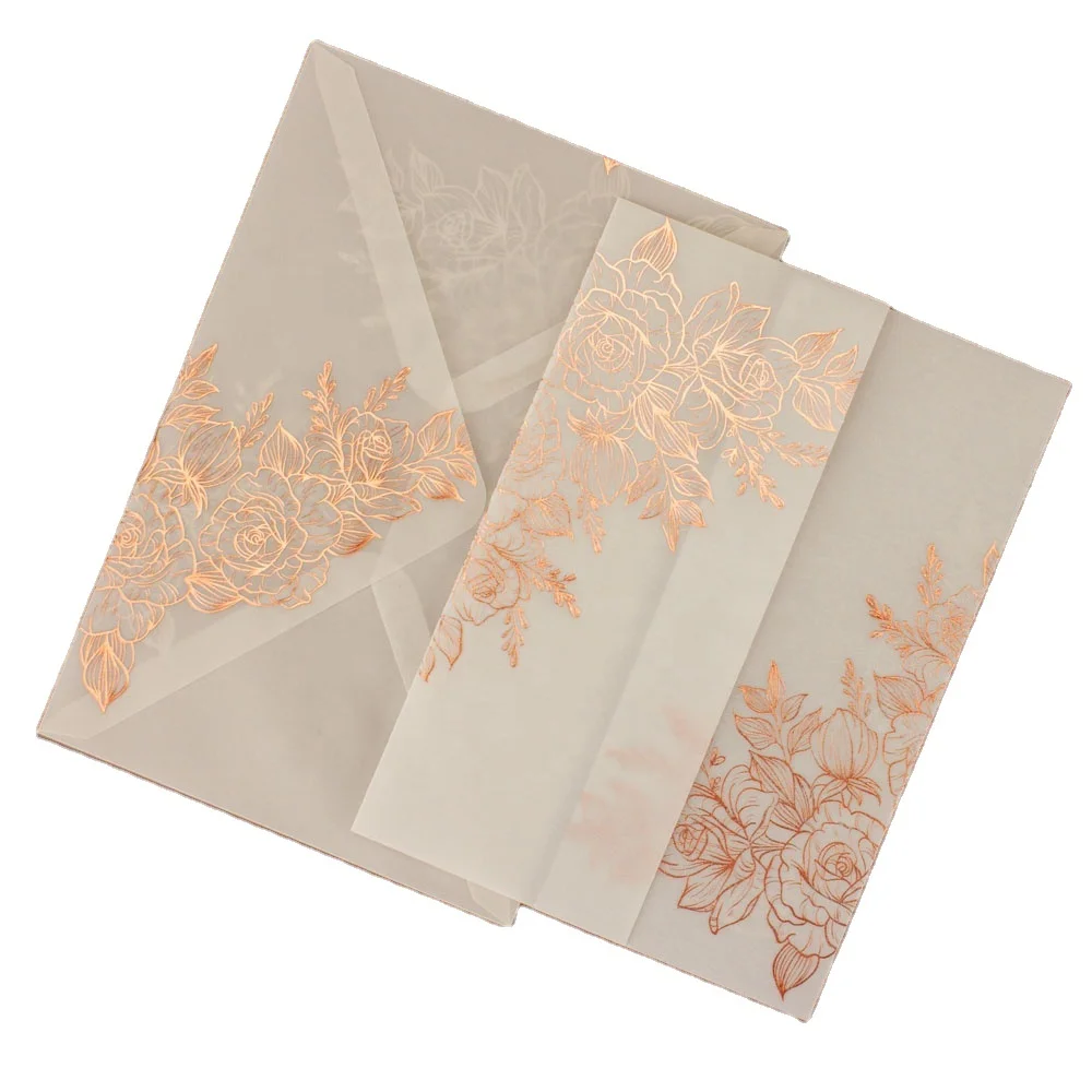 

50sets Vellum Wedding Invitation Cards Rose Gold Foil with Envelopes Bridal Shower Invites marriage Silver Blue Gilding stamping