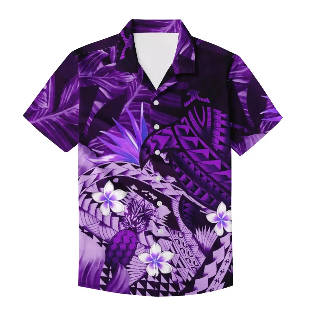 

Polynesia Luxury Design Men Shirt Samoan Style Purple Pattern Frangipani High Quality Trendy Casual Customizable Factory Price, Custom color